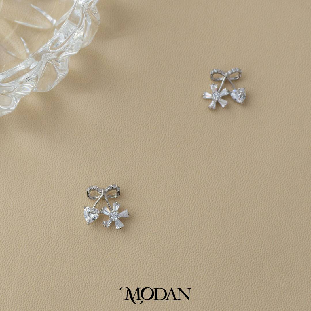 Cute Ribbon with Heart and Flower Shaped Stud Earrings Bunga Pita Hati Hypoallergenic Gold Plated
