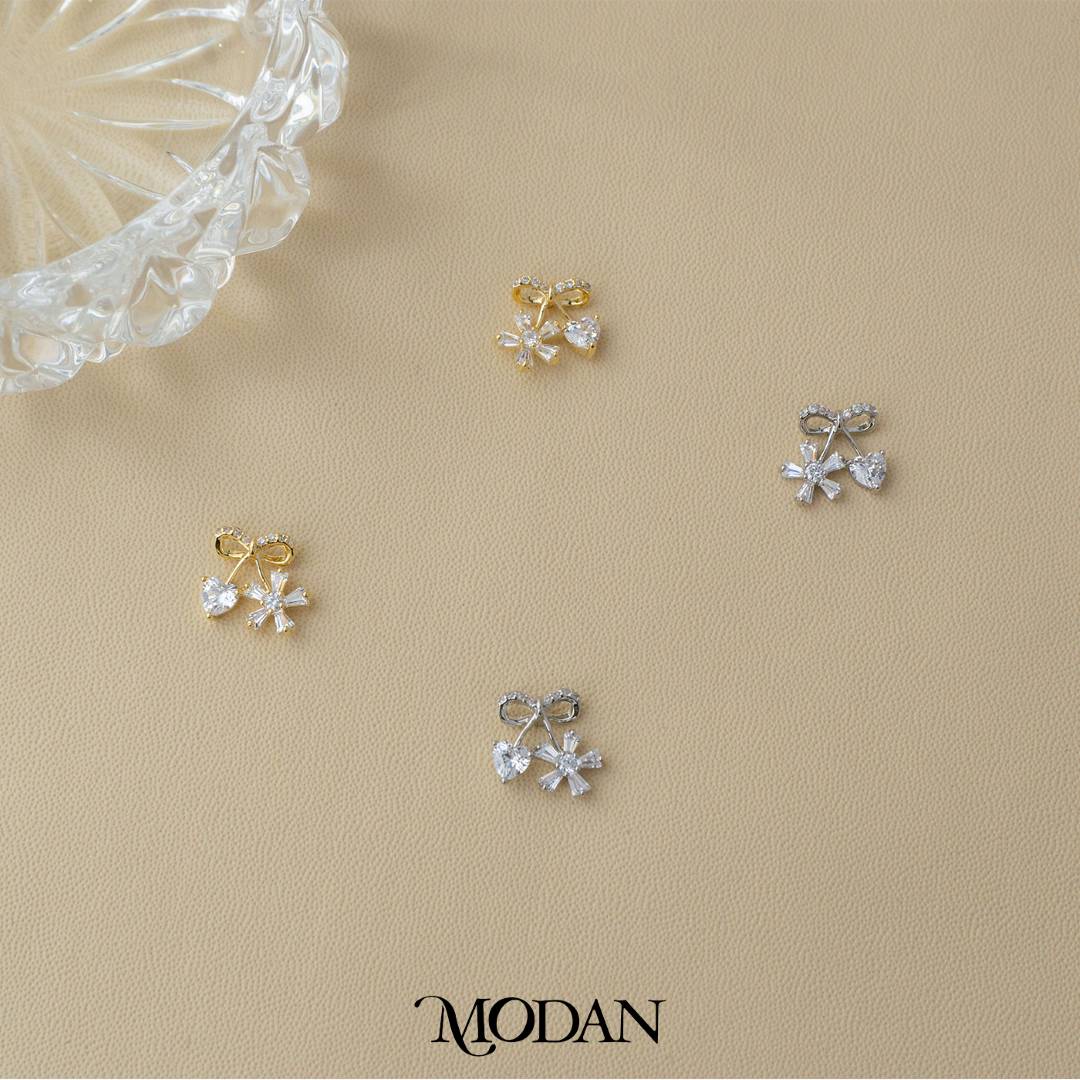 Cute Ribbon with Heart and Flower Shaped Stud Earrings Bunga Pita Hati Hypoallergenic Gold Plated