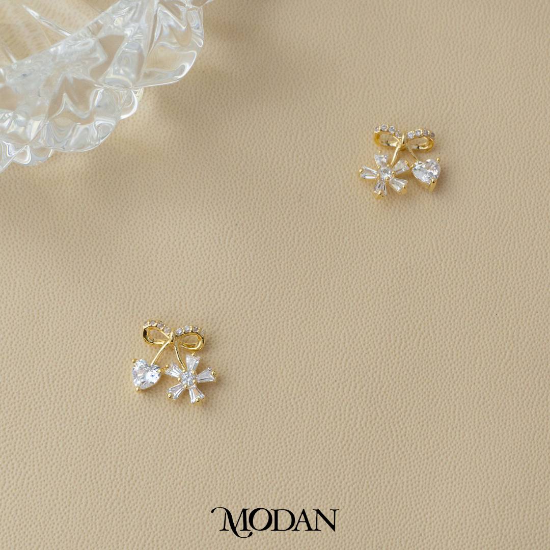 Cute Ribbon with Heart and Flower Shaped Stud Earrings Bunga Pita Hati Hypoallergenic Gold Plated