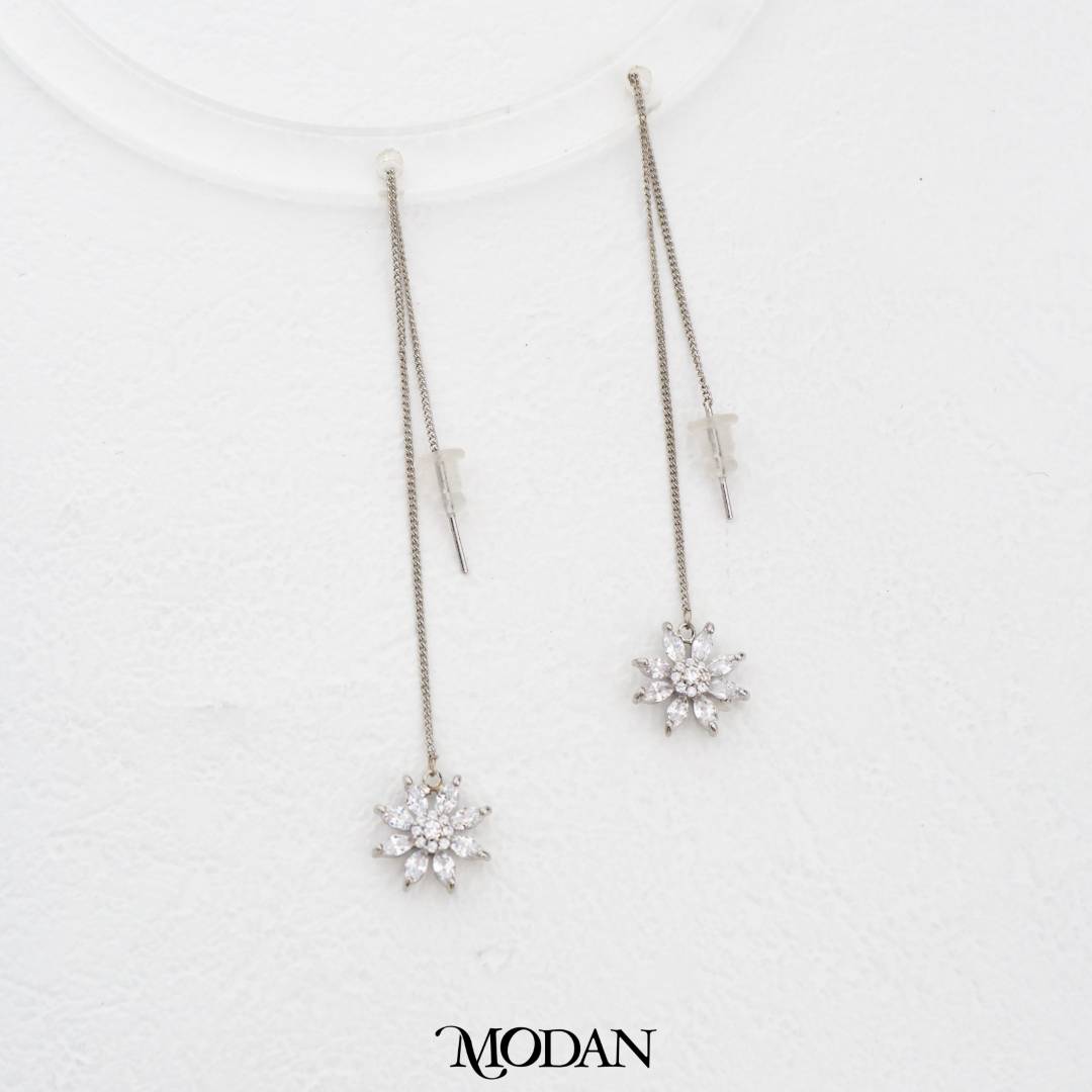 Dainty Mini Flower Long Threader Earrings Anting Juntai Bunga Pesta Panjang Hypoallergenic Gold Plated
