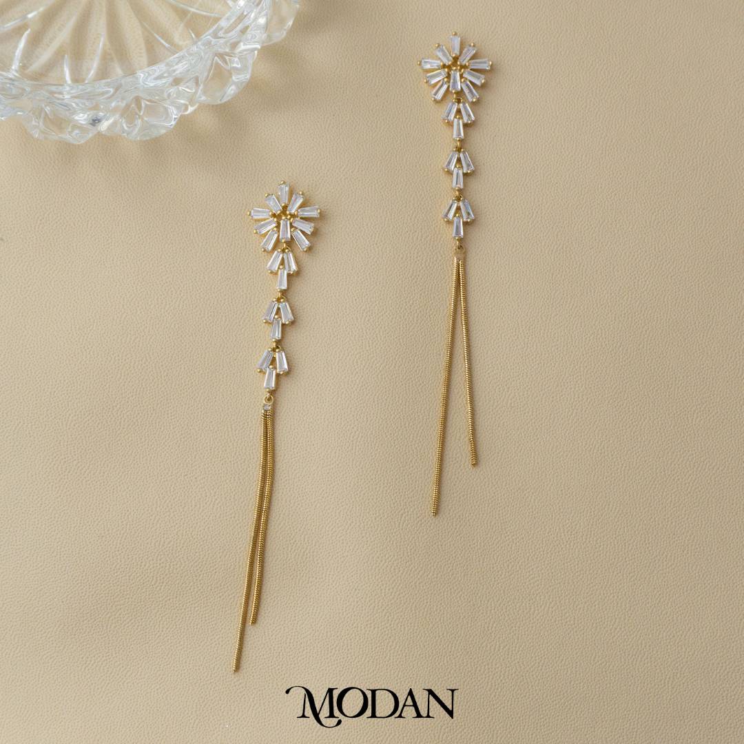 Bridal Geometric Baguette Long Drop Earrings Anting Tusuk Gantung Pesta Hypoallergenic Gold Plated
