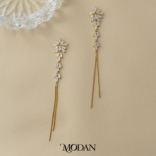Bridal Geometric Baguette Long Drop Earrings Anting Tusuk Gantung Pesta Hypoallergenic Gold Plated
