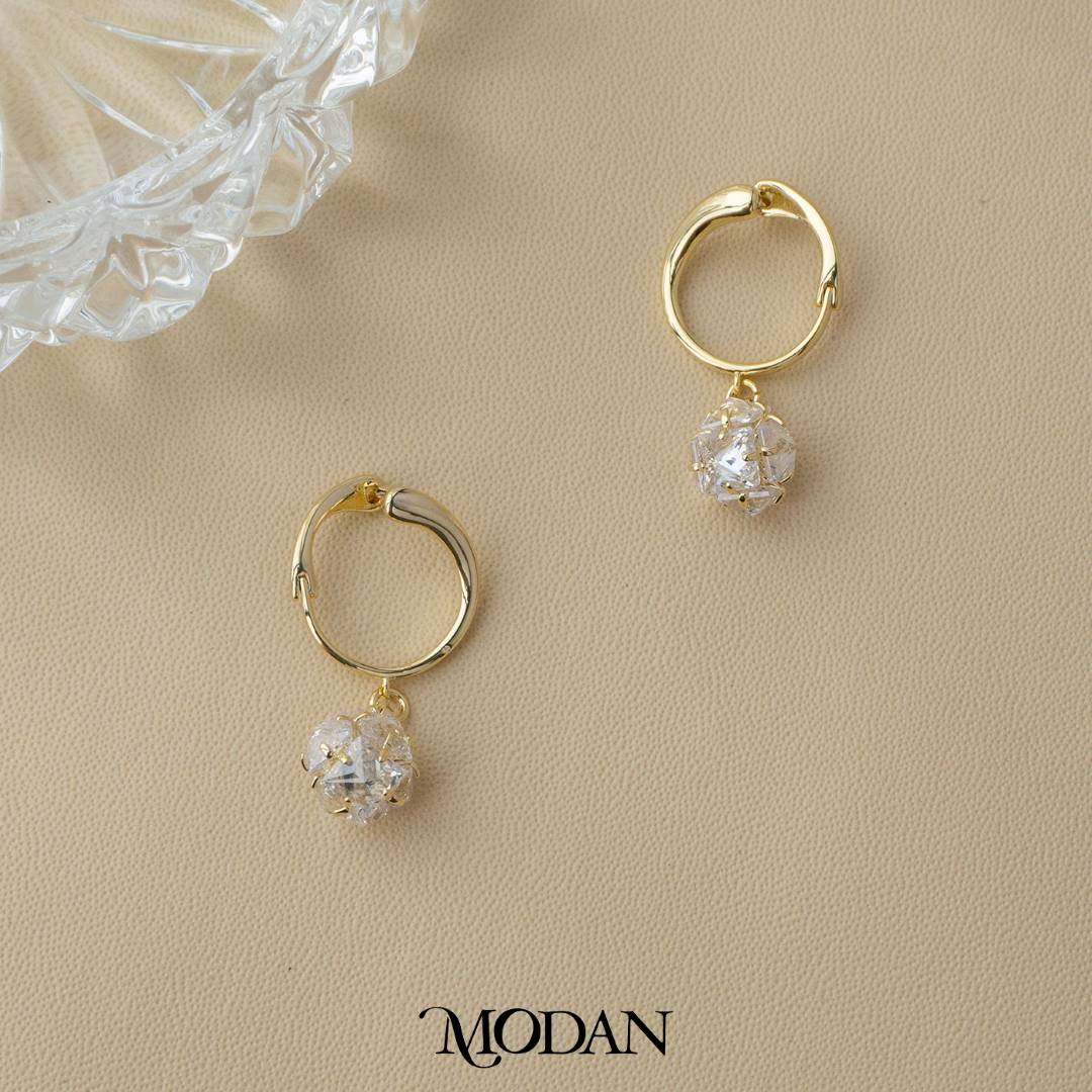 Classic Sparkling Ball Dangle Hoops Earrings Anting Bulat Zirconia Hypoallergenic Gold Plated