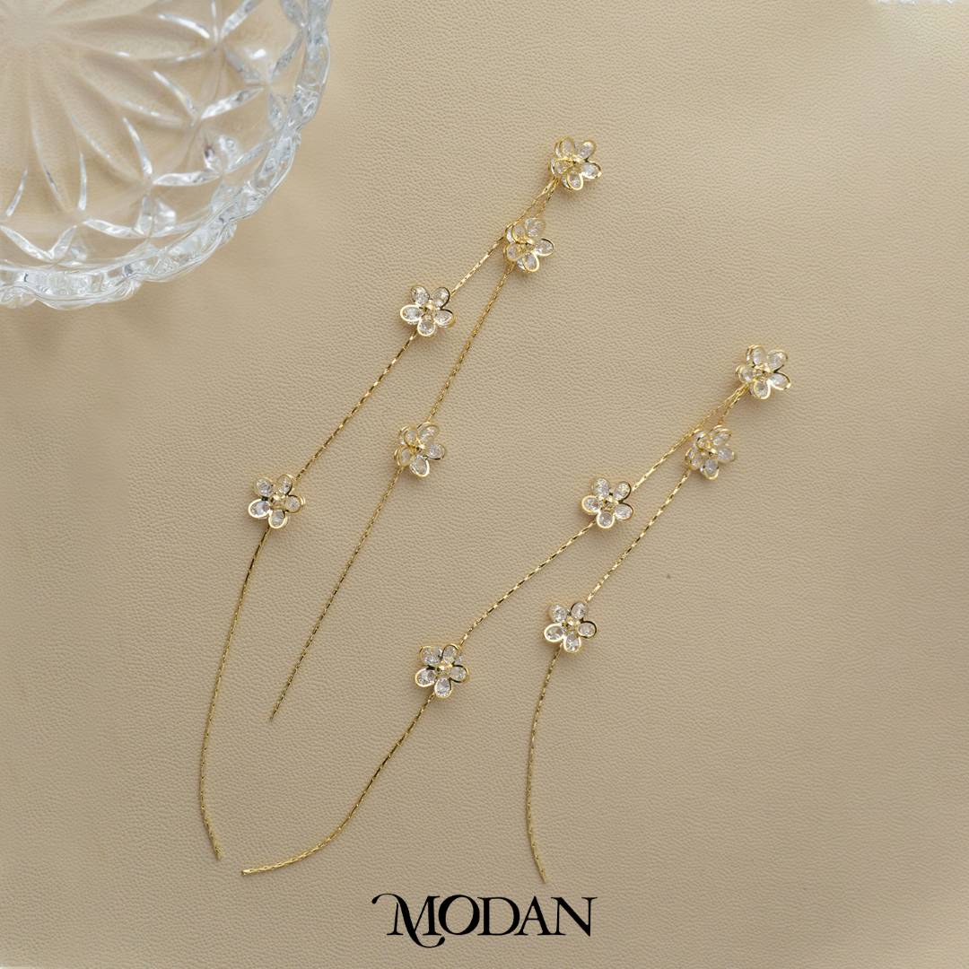 Sparkling Spring Flower Ultra Long Stud Earrings Anting Tusuk Gantung Panjang Pesta Bunga Hypoallergenic Gold Plated