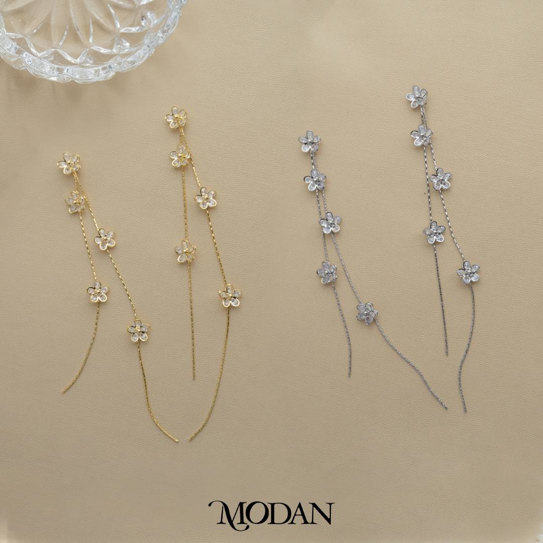 Sparkling Spring Flower Ultra Long Stud Earrings Anting Tusuk Gantung Panjang Pesta Bunga Hypoallergenic Gold Plated