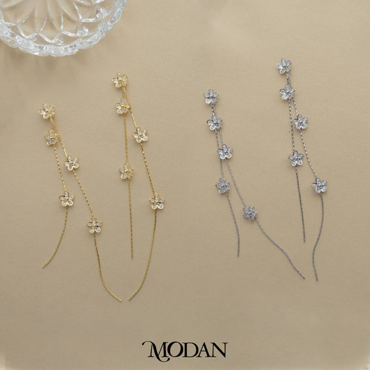Sparkling Spring Flower Ultra Long Stud Earrings Anting Tusuk Gantung Panjang Pesta Bunga Hypoallergenic Gold Plated