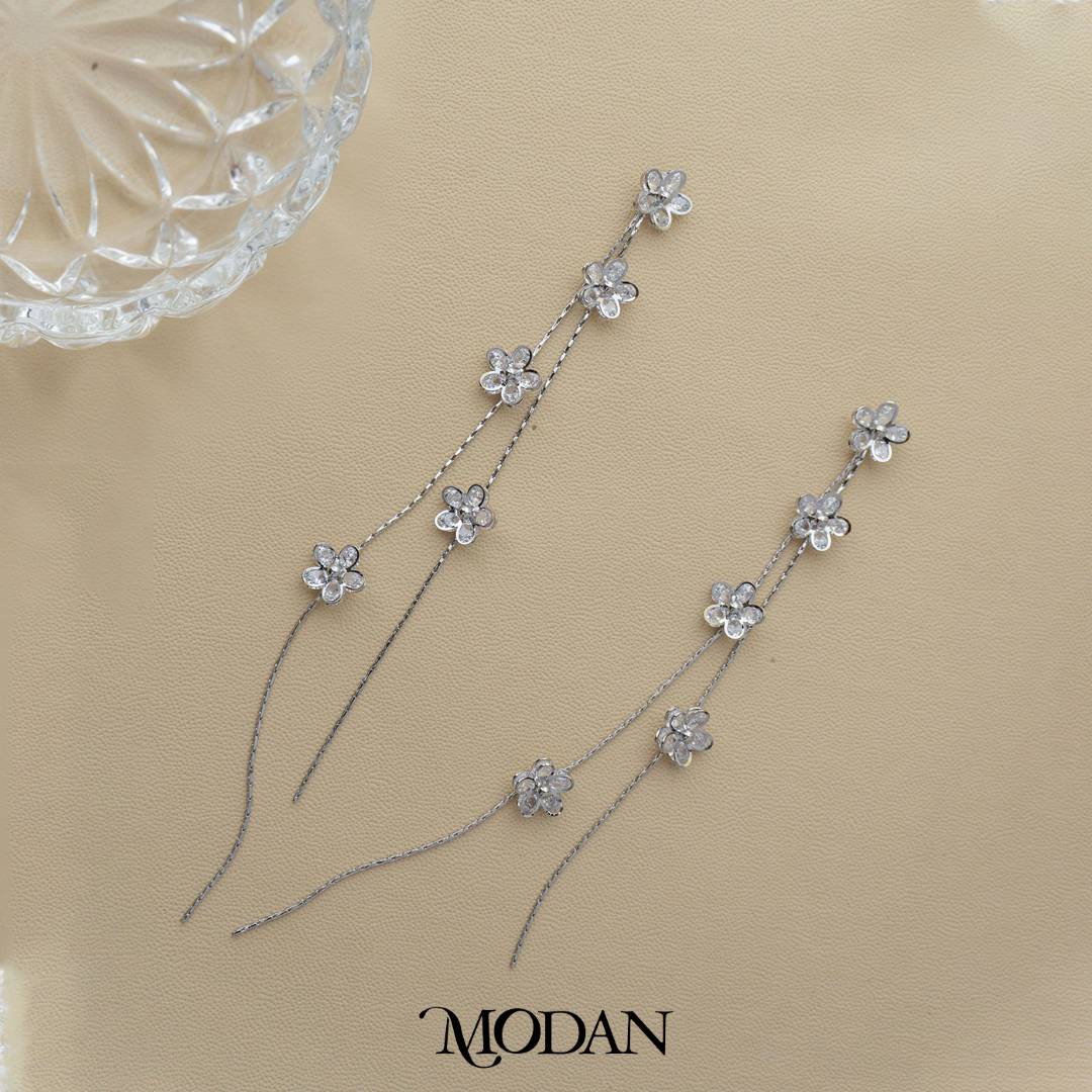 Sparkling Spring Flower Ultra Long Stud Earrings Anting Tusuk Gantung Panjang Pesta Bunga Hypoallergenic Gold Plated