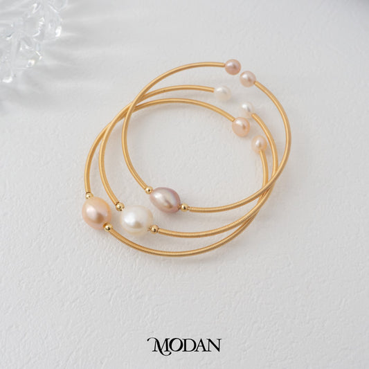(6cm) Elegant Bridesmaid Wedding Freshwater Pearl Layer Cuff Bracelet Gelang Mutiara Hypoallergenic Gold Filled
