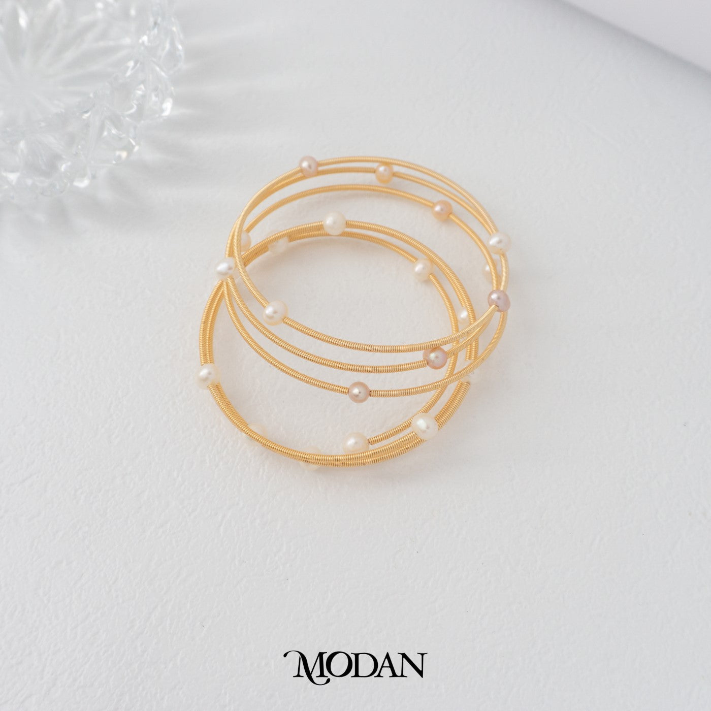 Sparkling White Pink Beaded Shell Pearl Triple Layer Cuff Bracelet Gelang Mutiara Hypoallergenic Gold Filled