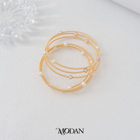 Sparkling White Pink Beaded Shell Pearl Triple Layer Cuff Bracelet Gelang Mutiara Hypoallergenic Gold Filled