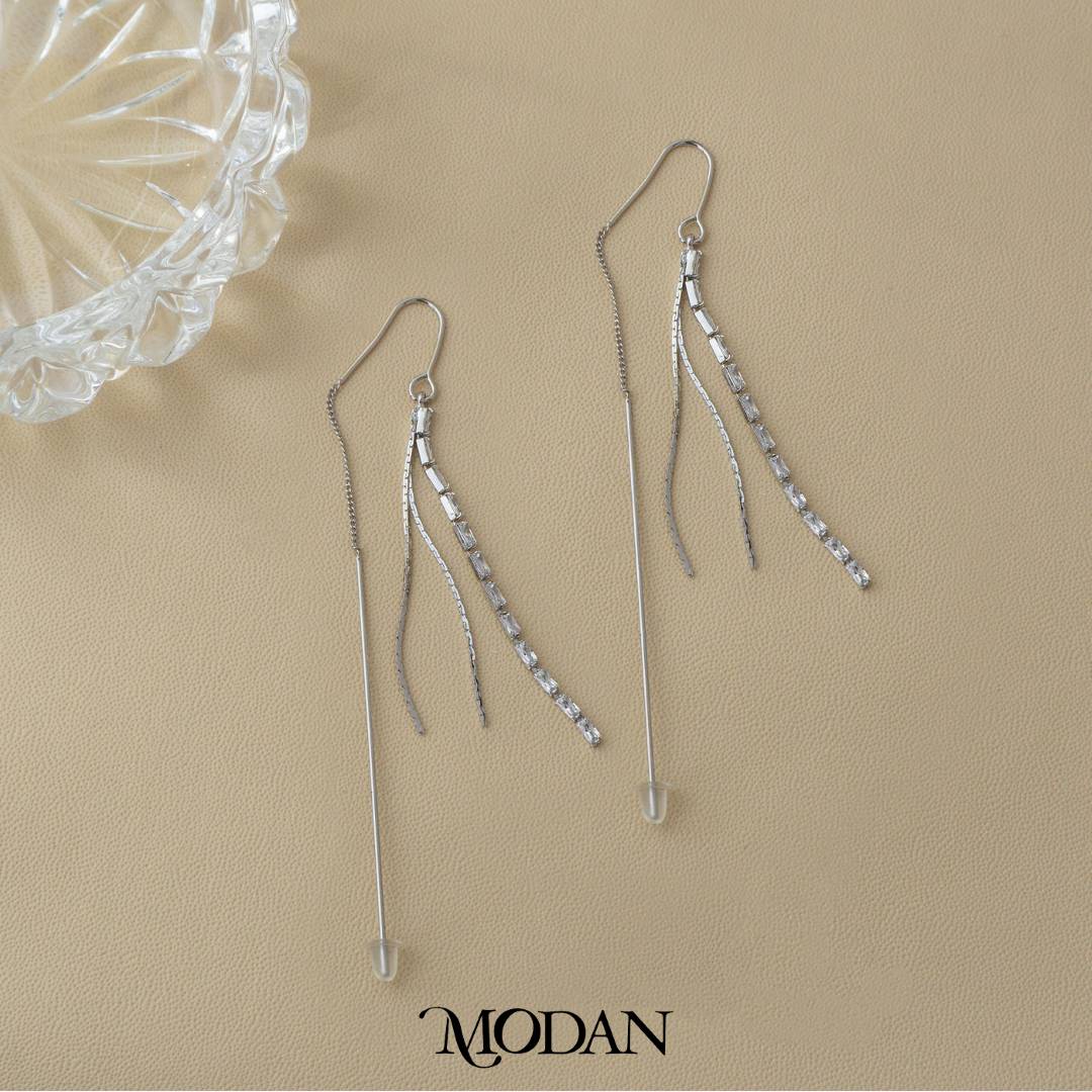 Simple Minimalist Baguette Elegant Threader Earrings Anting Gantung Pesta Panjang Hypoallergenic Gold Plated