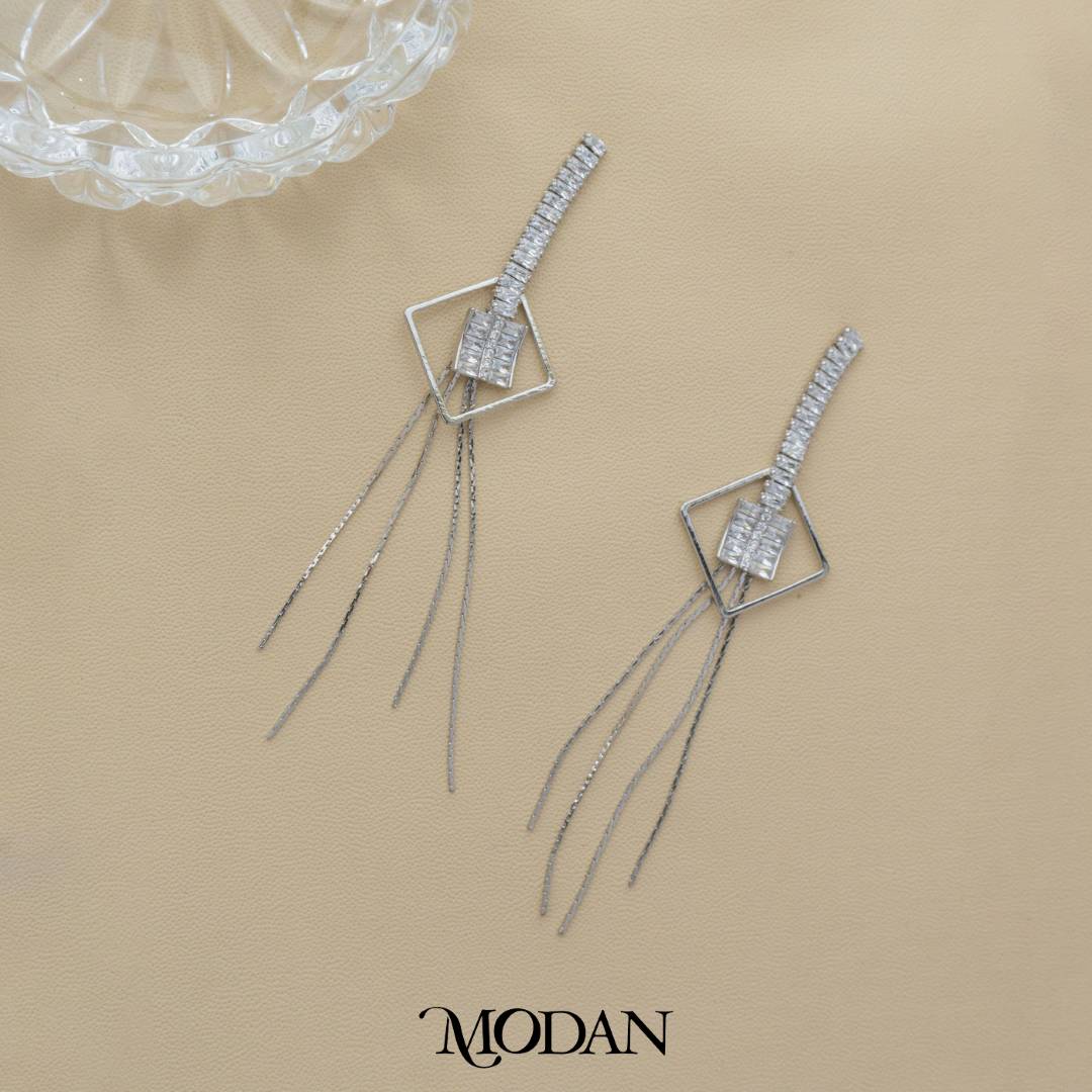 Bridal Geometric Rhombus Long Drop Earrings Anting Tusuk Gantung Pesta Hypoallergenic Gold Plated