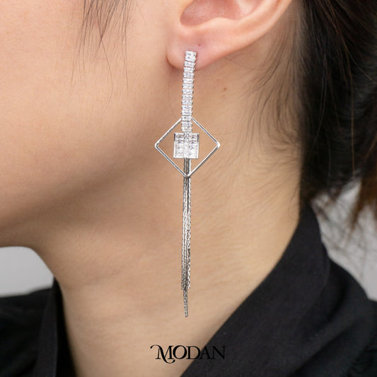Bridal Geometric Rhombus Long Drop Earrings Anting Tusuk Gantung Pesta Hypoallergenic Gold Plated