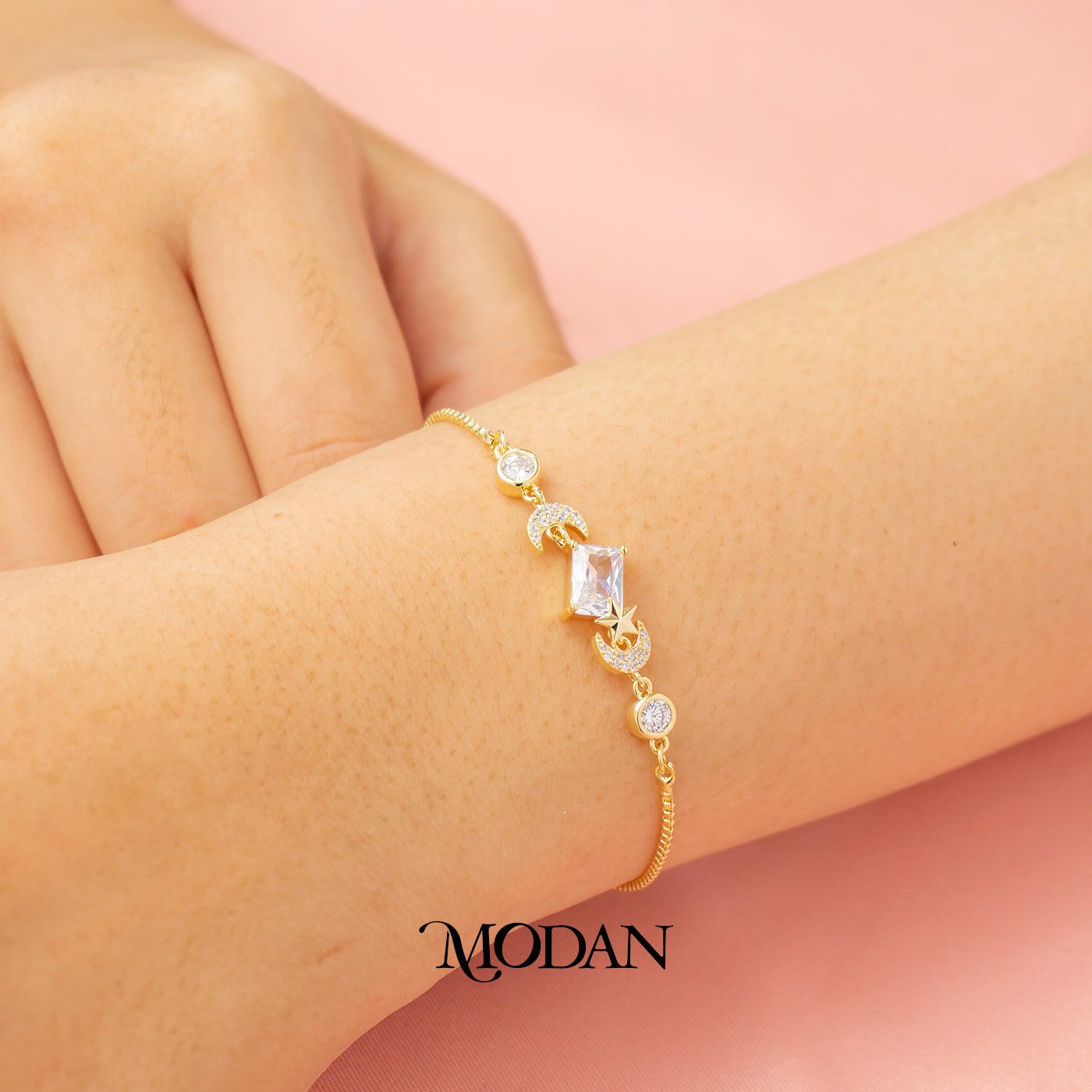 Sparkling Celestial Moon and Stars Adjustable Bracelet Gelang Serut Elegan Hypoallergenic Gold Plated