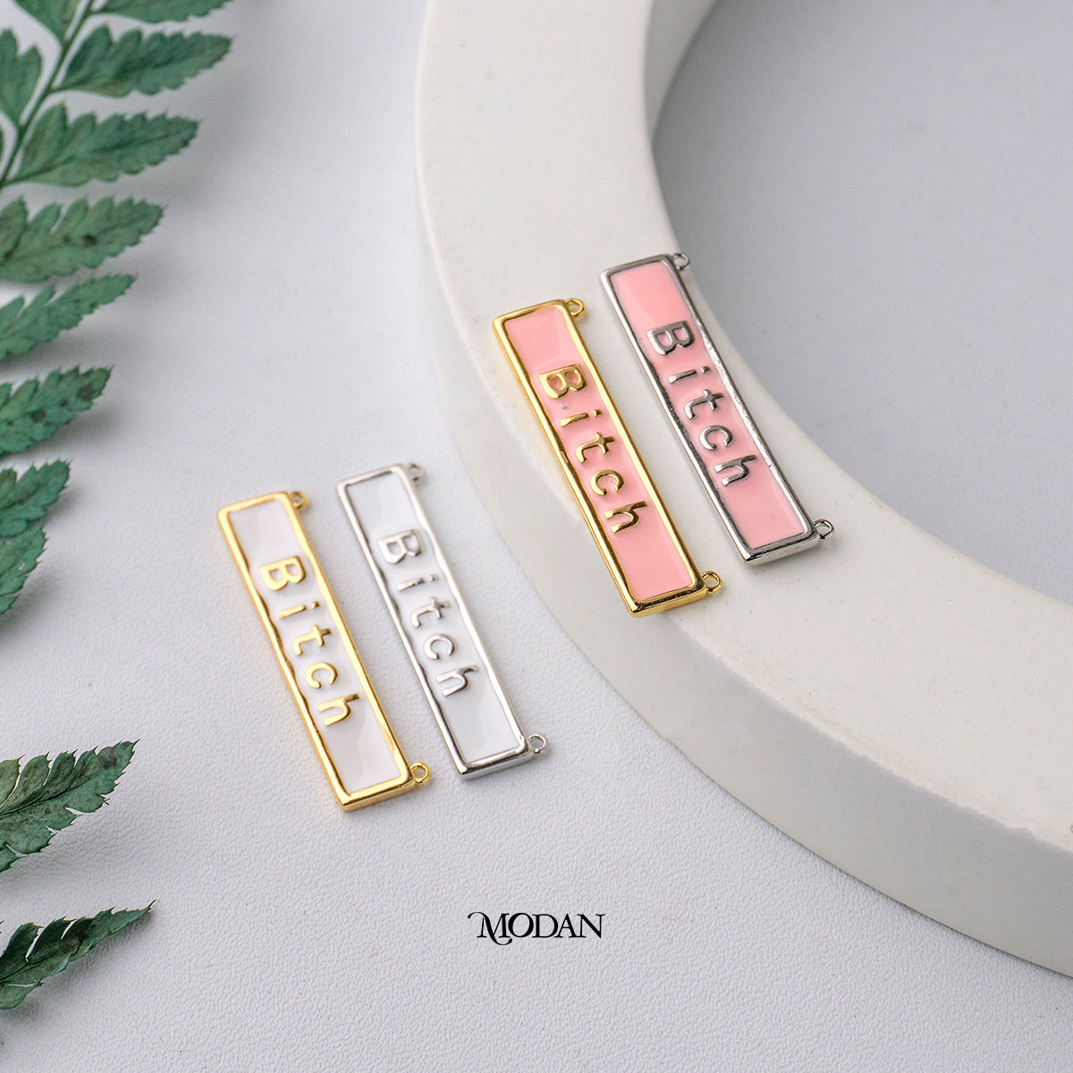 Pink White Enamel Bar Necklace Bold Energy DIY Connector Liontin Konektor Pink dan Putih Hypoallergenic Gold Filled