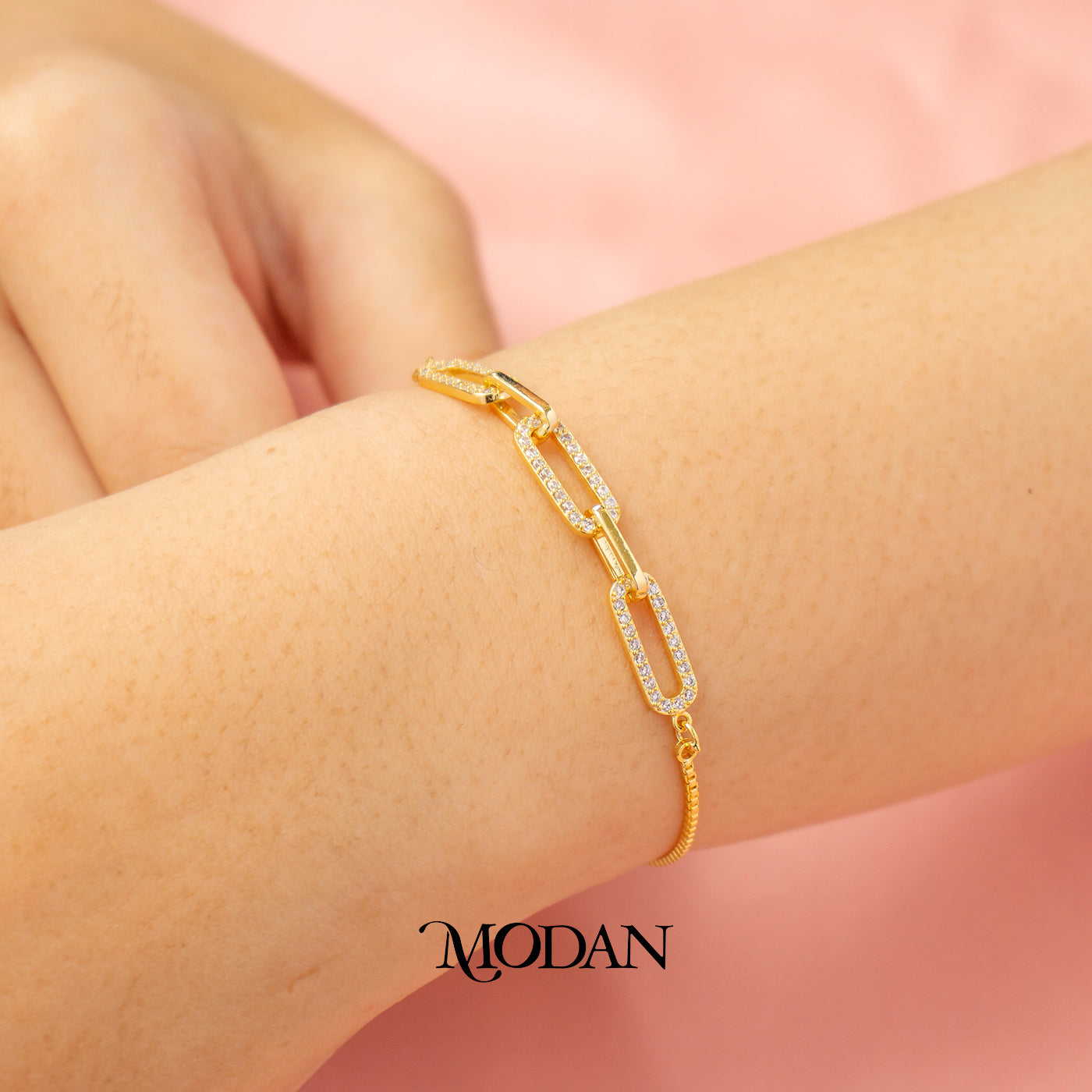 Sparkling Oval Paperclip Chain Adjustable Bracelet Gelang Serut Simple Hypoallergenic Gold Plated