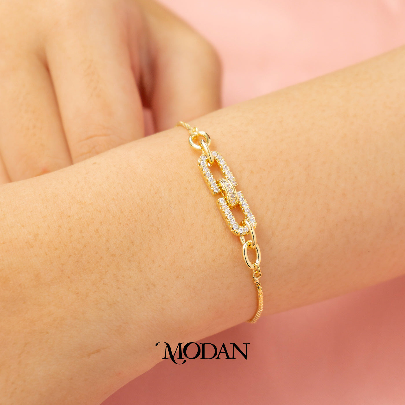 Sparkling Interlocking Paperclip Link Adjustable Bracelet Gelang Serut Hypoallergenic Gold Plated