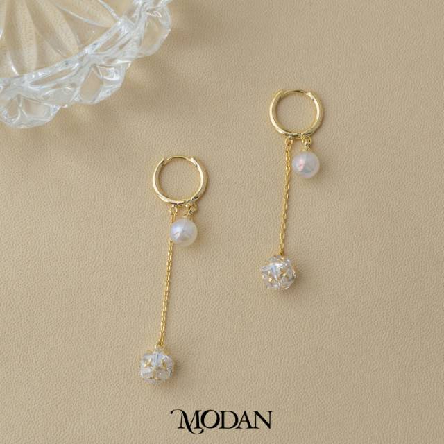 Classic Sparkling Ball Shell Pearl Dangle Hoops Earrings Anting Bulat Mutiara Hypoallergenic Gold Plated