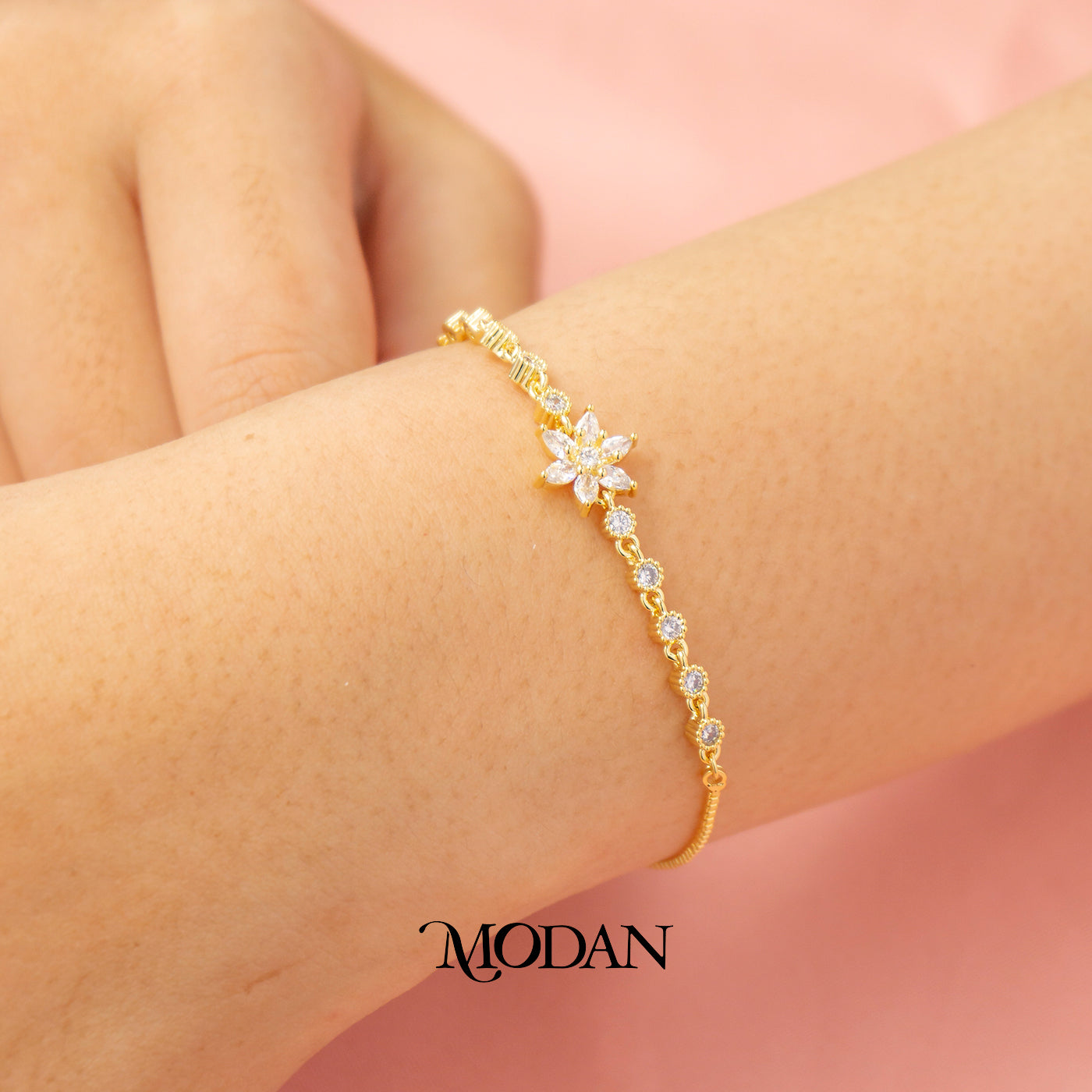 Sparkling Zirconia Dainty Flower Adjustable Bracelet Gelang Serut Hypoallergenic Gold Plated