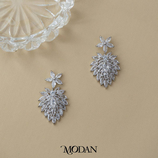 Sparkling Flower Leaf Marquise Wedding Stud Earrings Anting Tusuk Pesta Hypoallergenic Gold Plated
