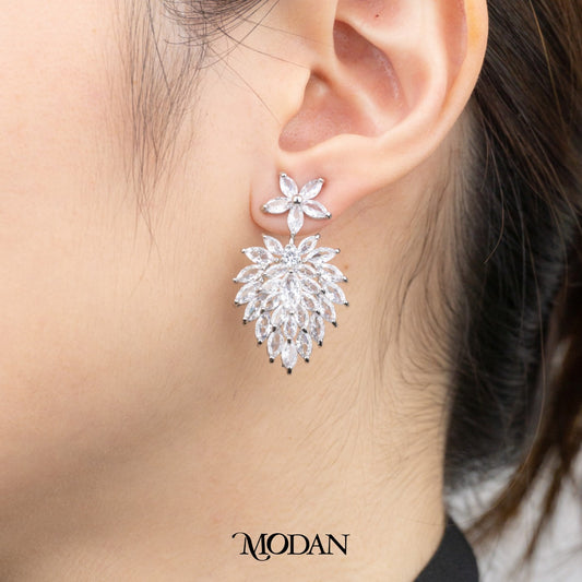 Sparkling Flower Leaf Marquise Wedding Stud Earrings Anting Tusuk Pesta Hypoallergenic Gold Plated