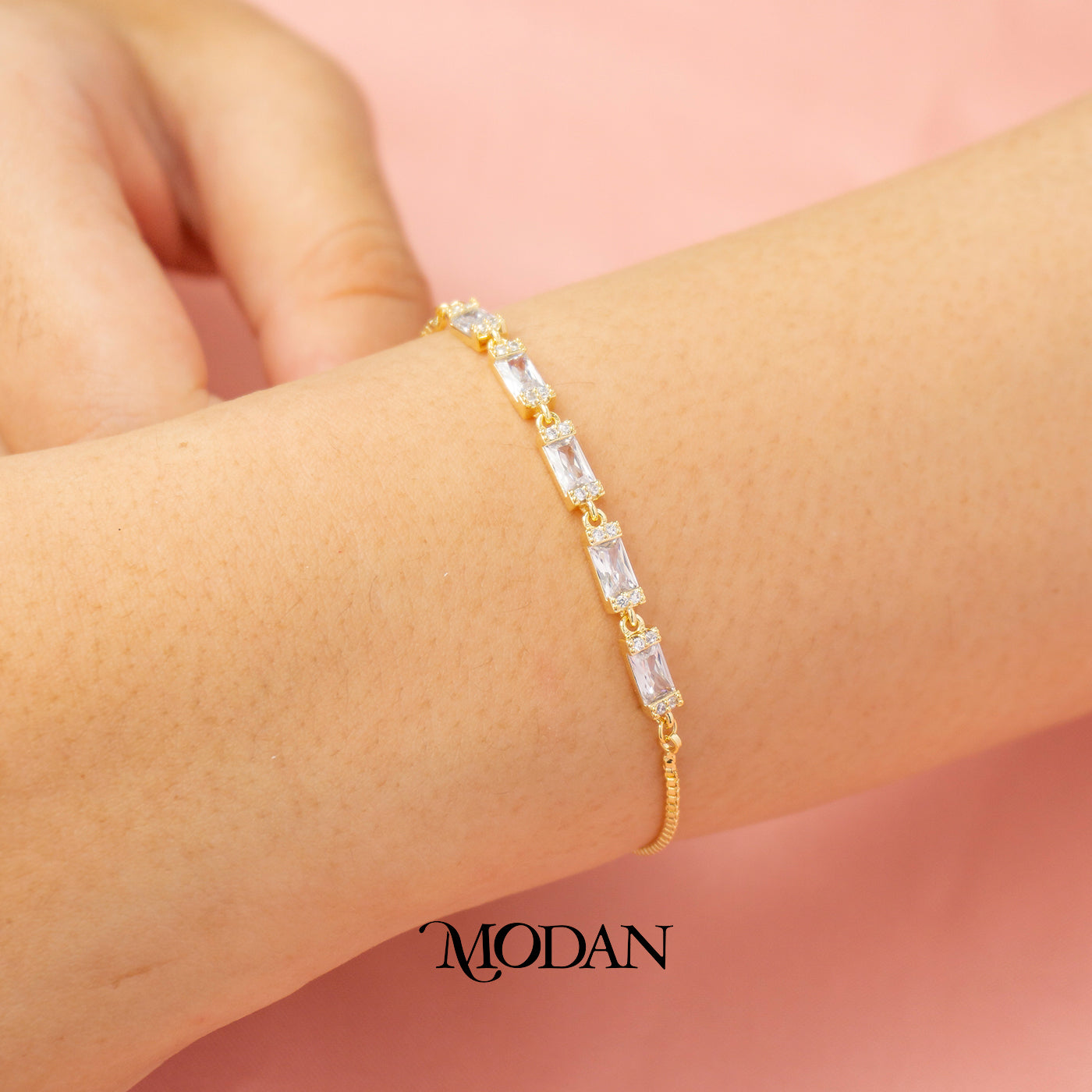 Sparkling Baguette Minimalist Adjustable Bracelet Gelang Serut Hypoallergenic Gold Plated