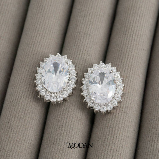 Sparkling Oval Wedding Stud Earrings Anting Tusuk Oval Pesta Pernikahan Hypoallergenic Gold Plated