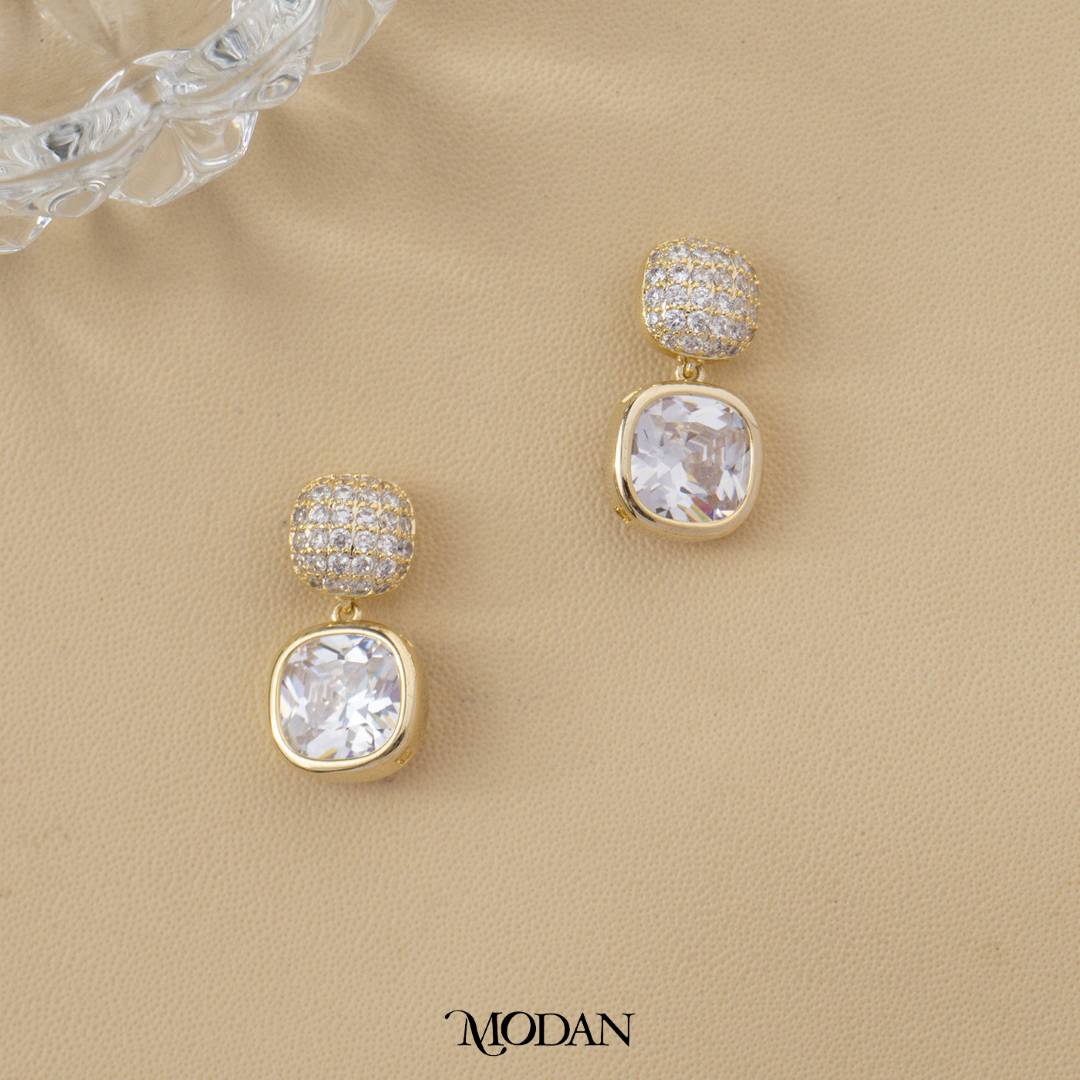 Bridal Party Square Bezel Stud Earrings Anting Tusuk Persegi Pesta Pernikahan Hypoallergenic Gold Plated