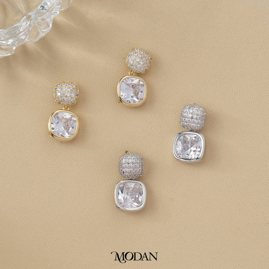 Bridal Party Square Bezel Stud Earrings Anting Tusuk Persegi Pesta Pernikahan Hypoallergenic Gold Plated