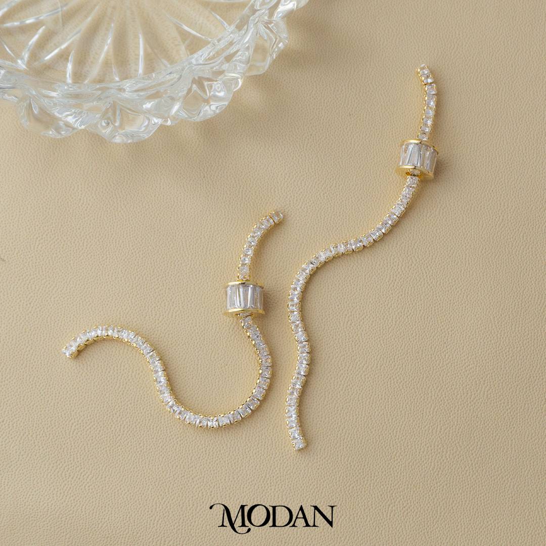 Bridal Rondelle Tennis Ultra Long Drop Earrings Anting Gantung Pesta Hypoallergenic Gold Plated
