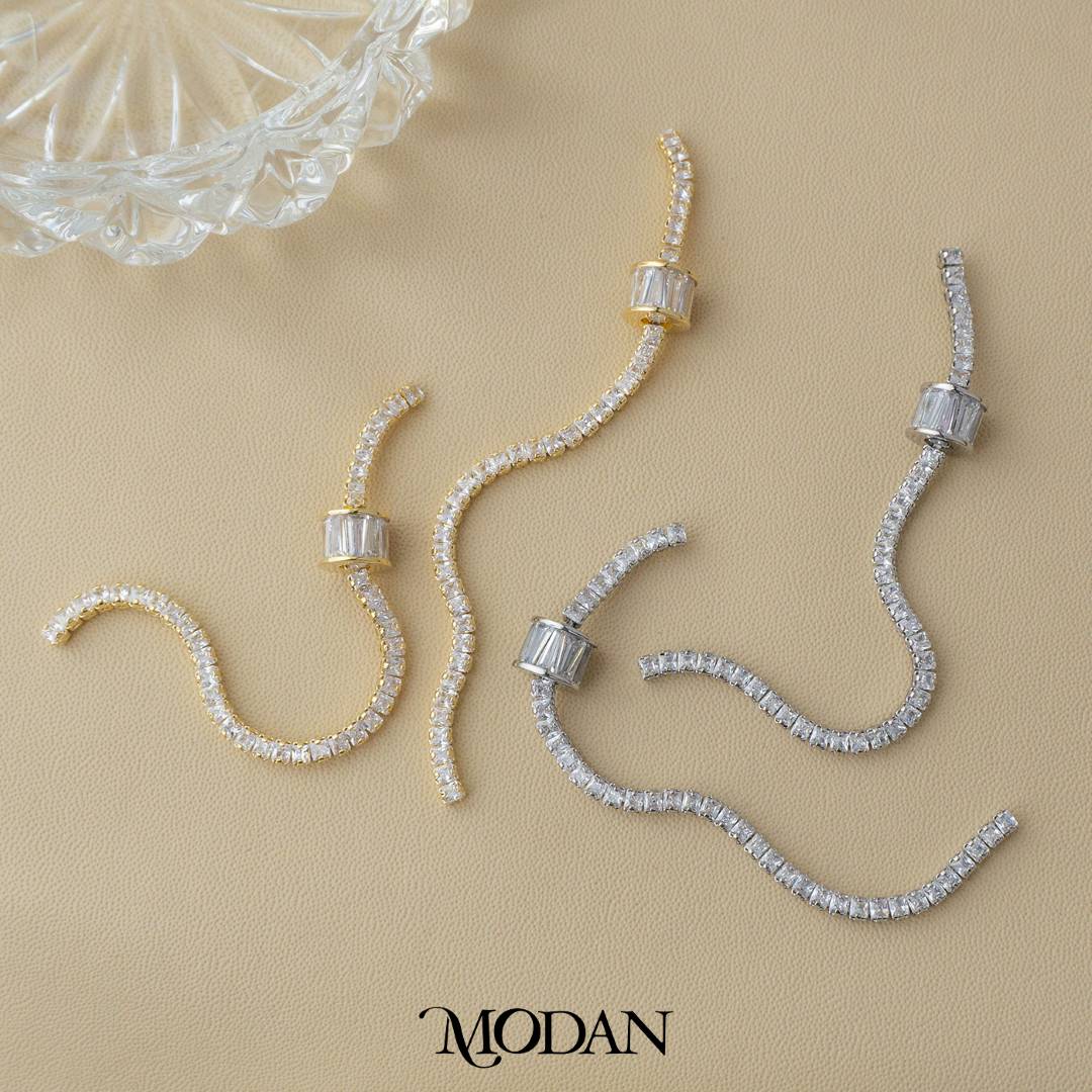 Bridal Rondelle Tennis Ultra Long Drop Earrings Anting Gantung Pesta Hypoallergenic Gold Plated