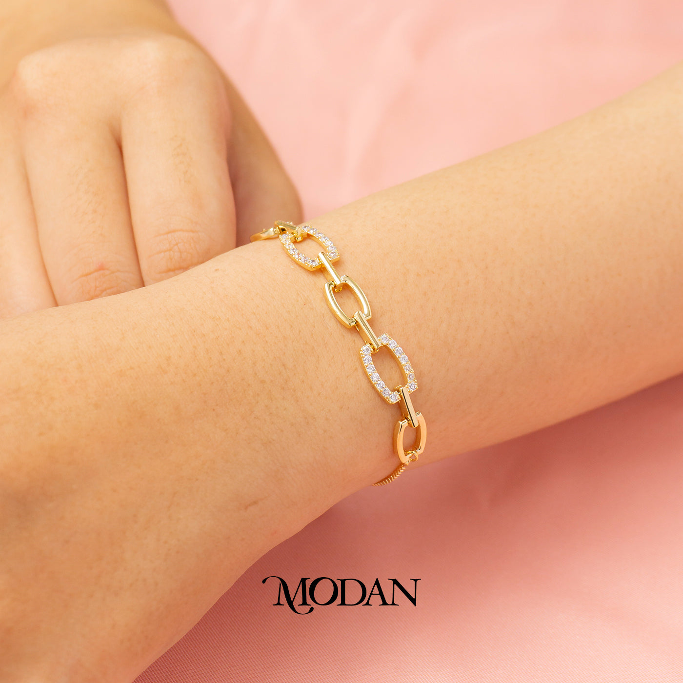 Sparkling Micro Paved Oval Paperclip Link Adjustable Bracelet Gelang Serut Hypoallergenic Gold Plated