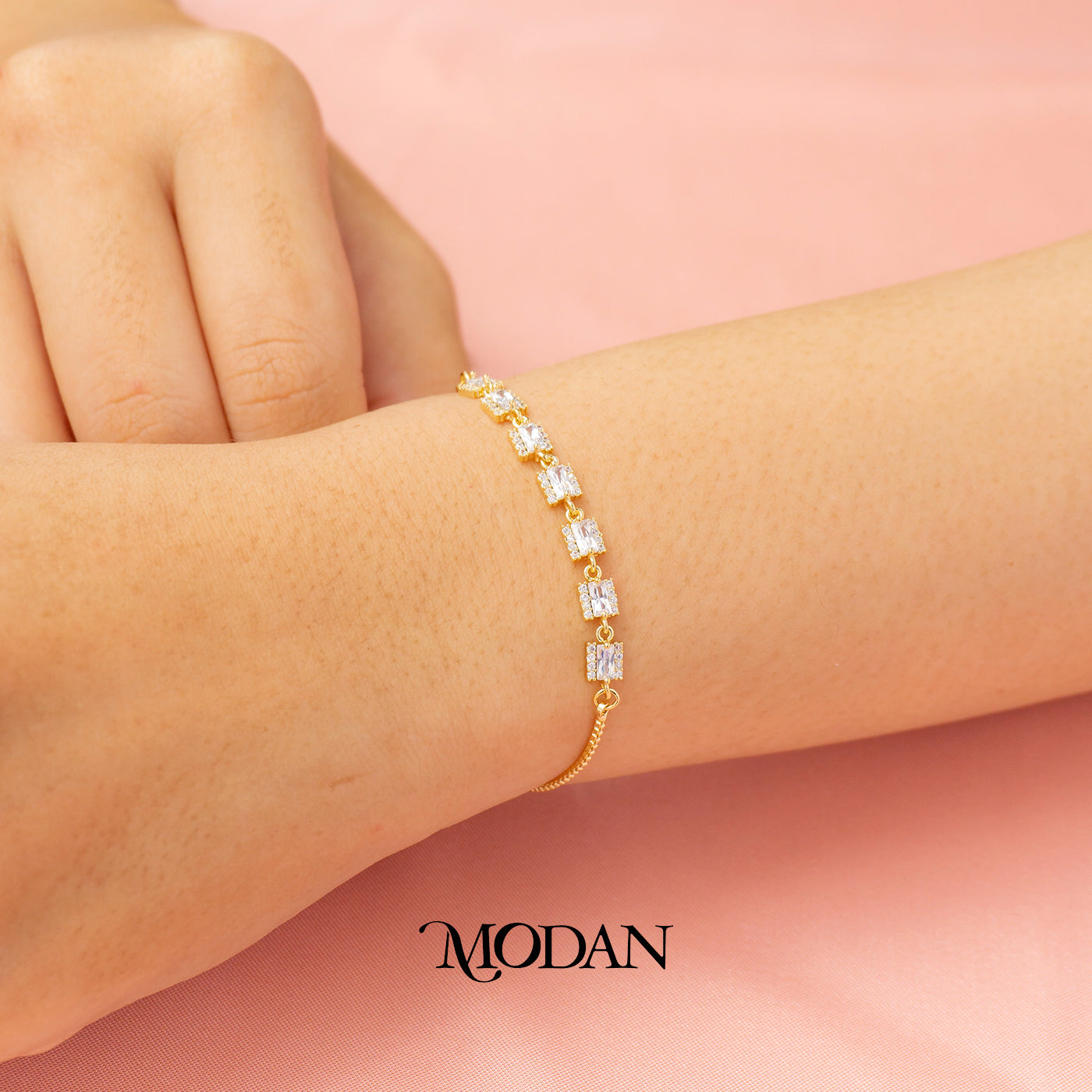 Sparkling Micro Paved Zirconia Square Link Adjustable Bracelet Gelang Serut Hypoallergenic Gold Plated