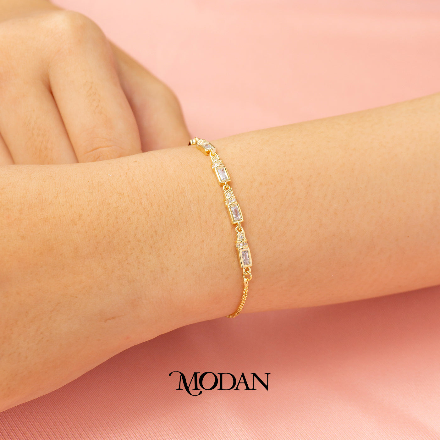 Sparkling Baguette Rectangular Link Adjustable Bracelet Gelang Serut Hypoallergenic Gold Plated