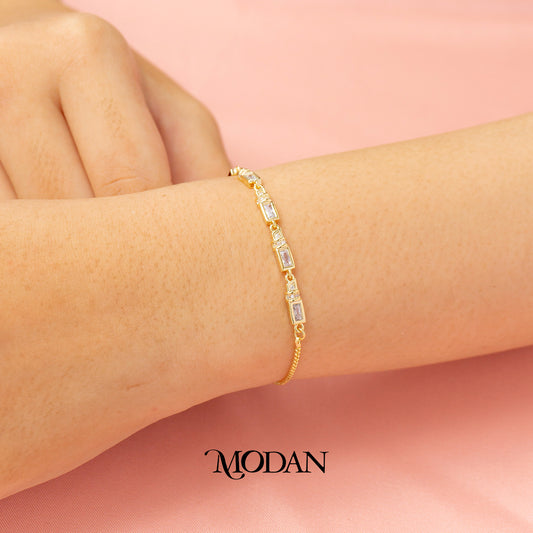 Sparkling Baguette Rectangular Link Adjustable Bracelet Gelang Serut Hypoallergenic Gold Plated