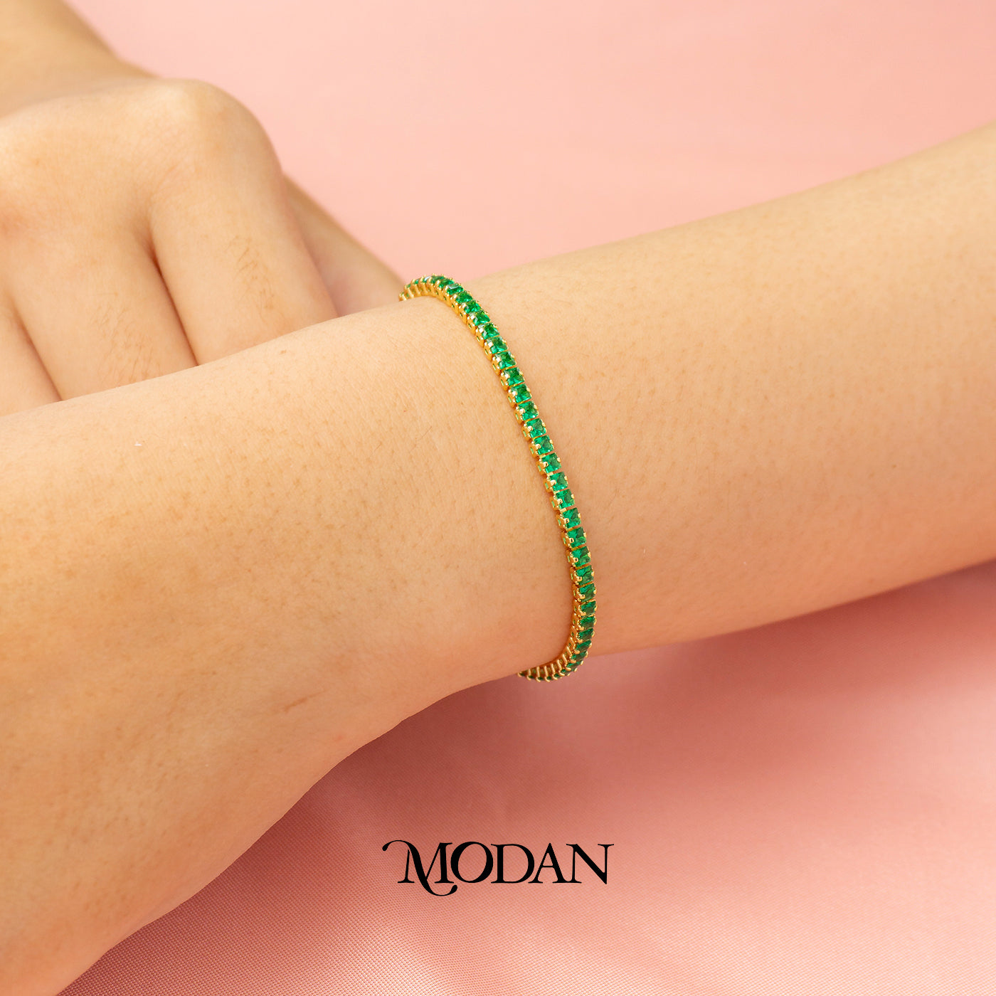 (16.5cm)(2.5mm) Clear & Green Colorful Square Party Tennis Bracelet Gelang Pesta Hypoallergenic Gold Filled