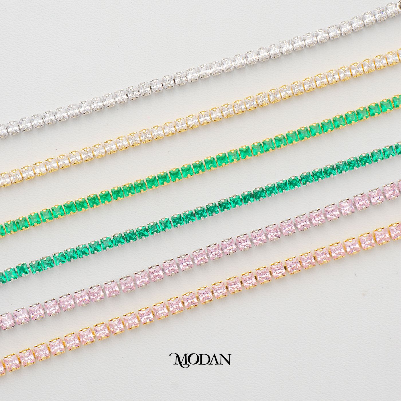 (16.5cm)(2.5mm) Clear & Green Colorful Square Party Tennis Bracelet Gelang Pesta Hypoallergenic Gold Filled