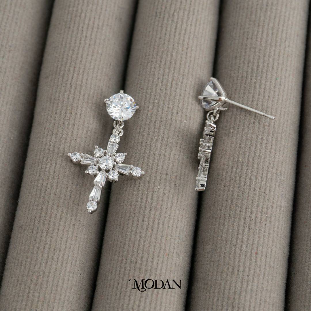 (27mm) Multi Cut Zirconia Religious Cross Drop Stud Earrings Anting Tusuk Salib Hypoallergenic Gold Plated