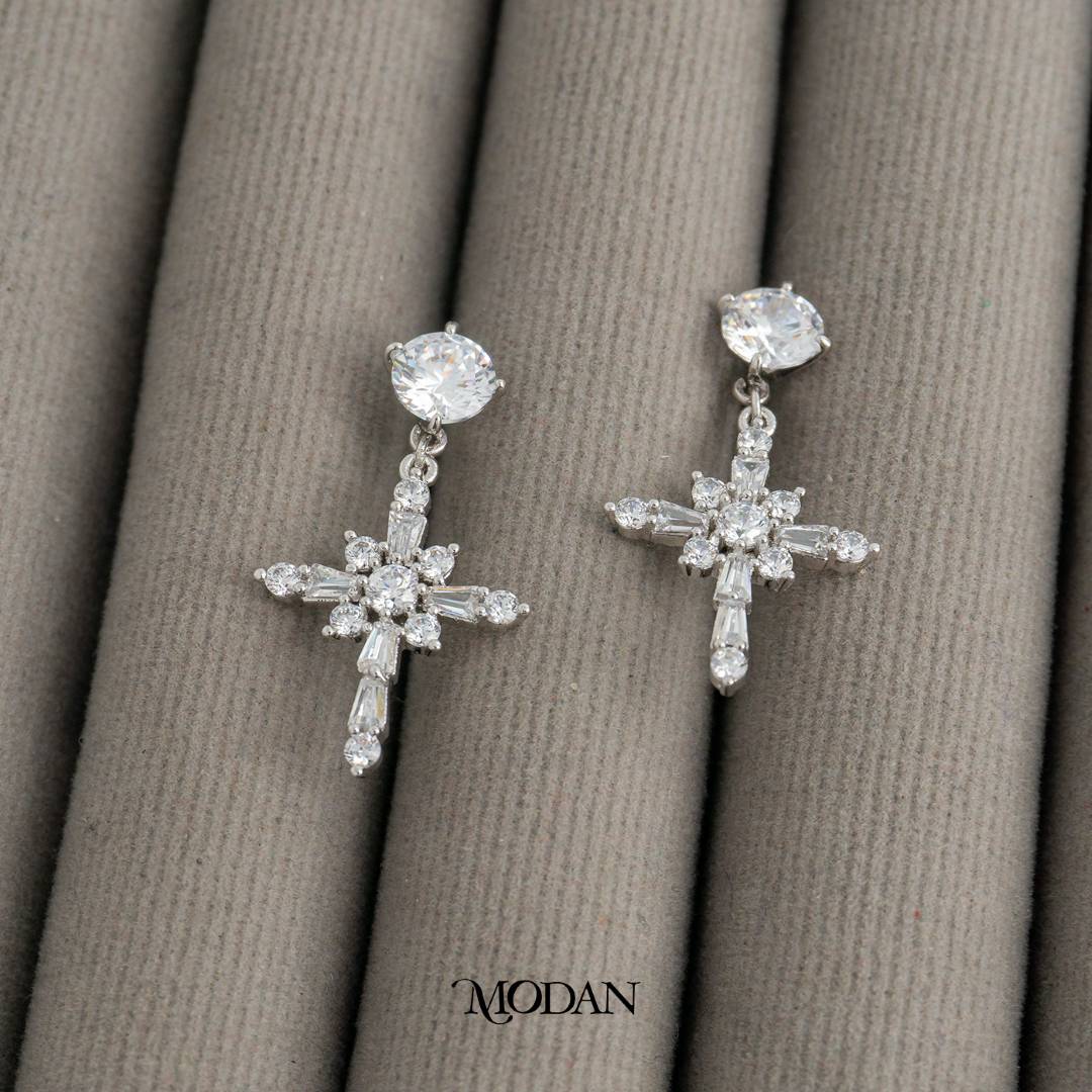 (27mm) Multi Cut Zirconia Religious Cross Drop Stud Earrings Anting Tusuk Salib Hypoallergenic Gold Plated