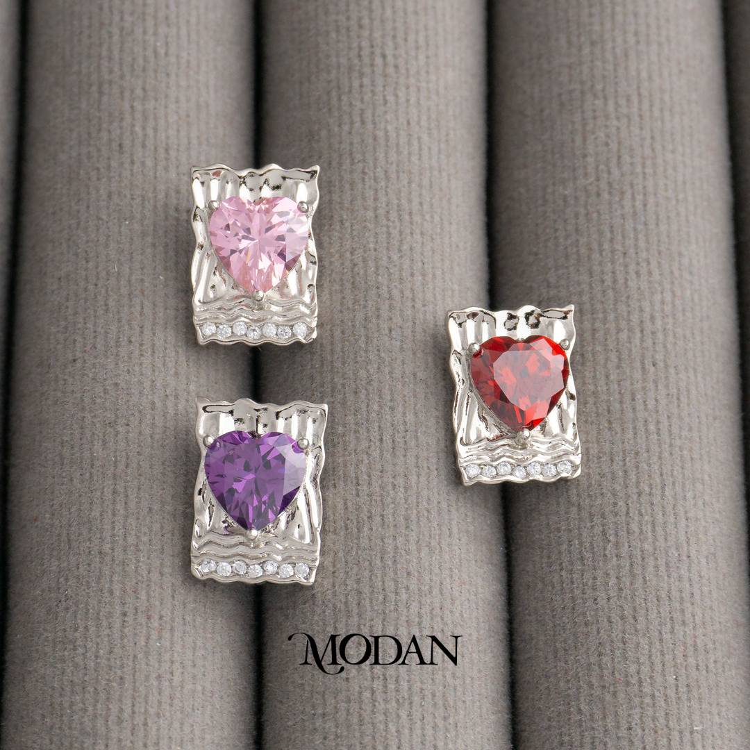 Multicolor Chunky Rectangular Heart Stud Earrings Anting Bentuk Hati Hypoallergenic Gold Plated