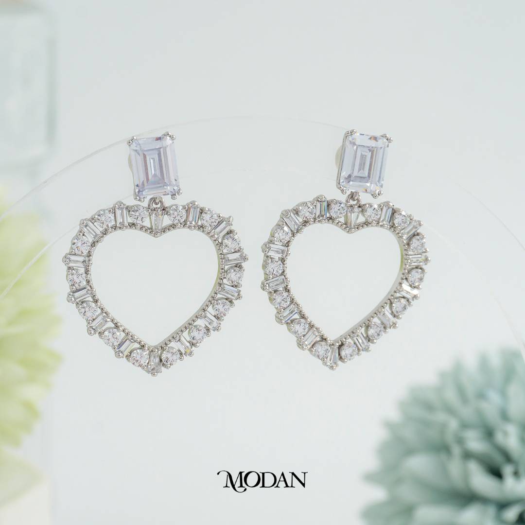 Sparkling Big Heart Drop Earrings Anting Pesta Hati Besar Hypoallergenic Rhodium Plated