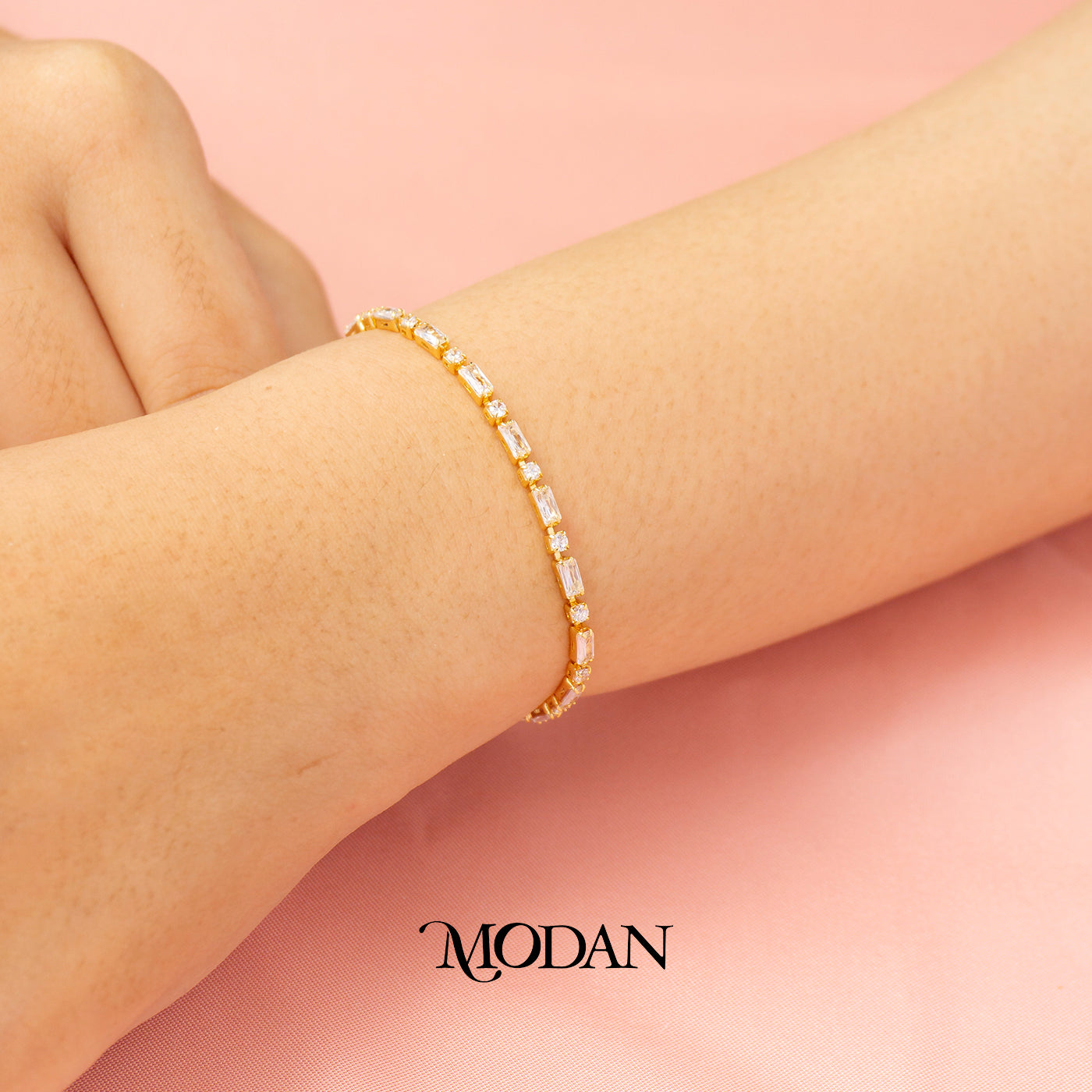 (2.5mm) Simple Round Baguette Zirconia Tennis Adjustable Bracelet Gelang Serut Hypoallergenic Gold Filled