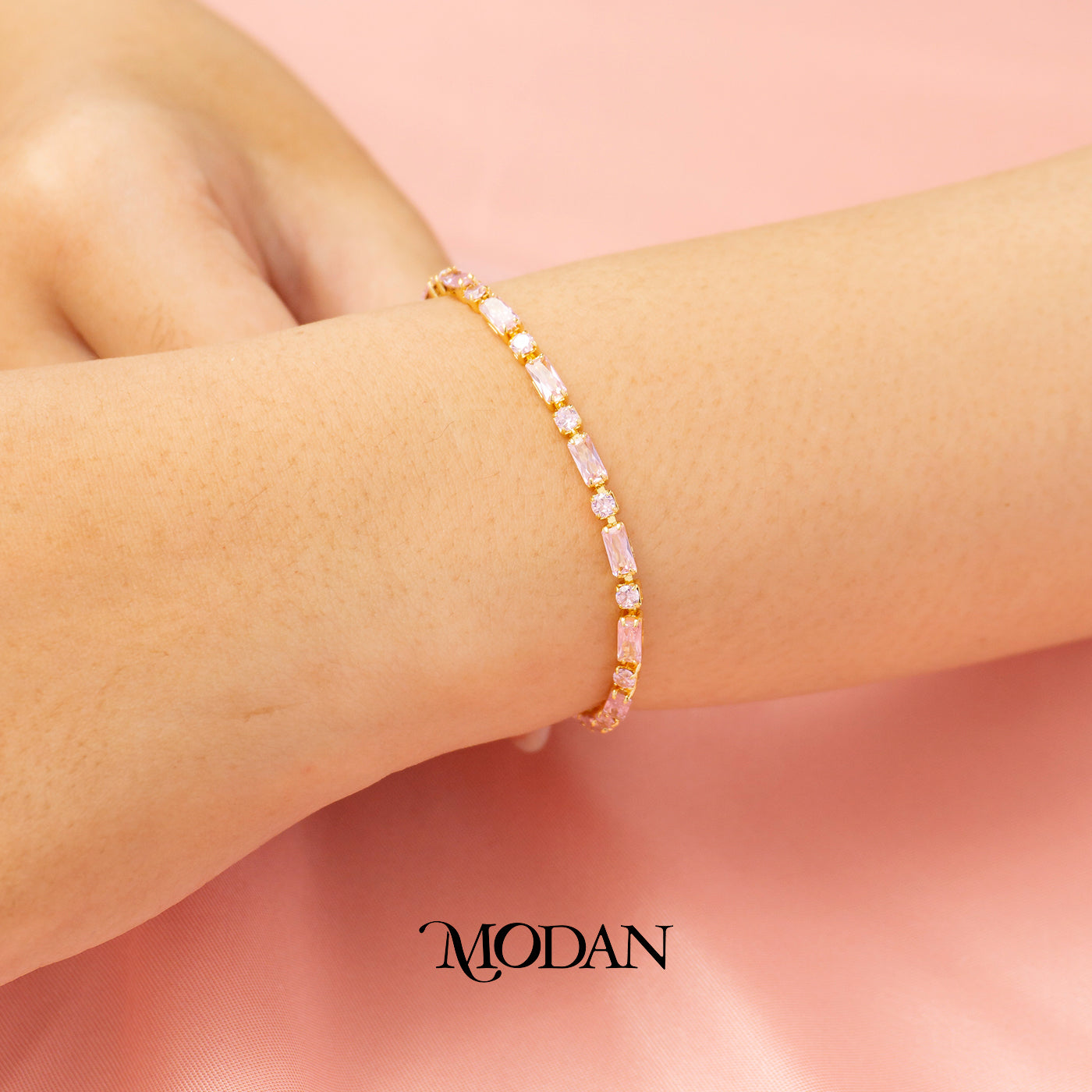 (3mm) Pink & Green Simple Round Baguette Zirconia Tennis Adjustable Bracelet Gelang Serut Hypoallergenic Gold Filled