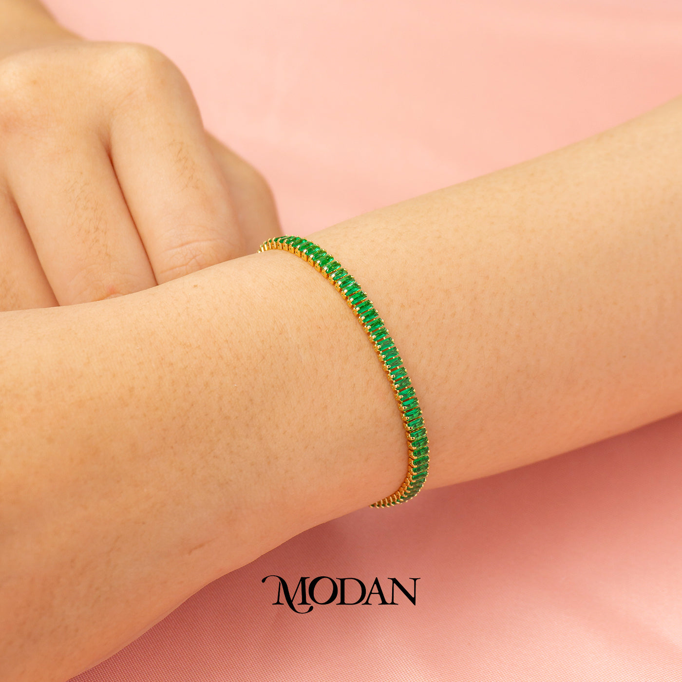 (4mm) Pink & Green Simple Ribbed Baguette Zirconia Tennis Adjustable Bracelet Gelang Serut Hypoallergenic Gold Filled