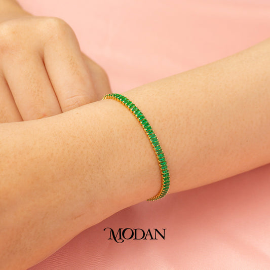 (4mm) Pink & Green Simple Ribbed Baguette Zirconia Tennis Adjustable Bracelet Gelang Serut Hypoallergenic Gold Filled
