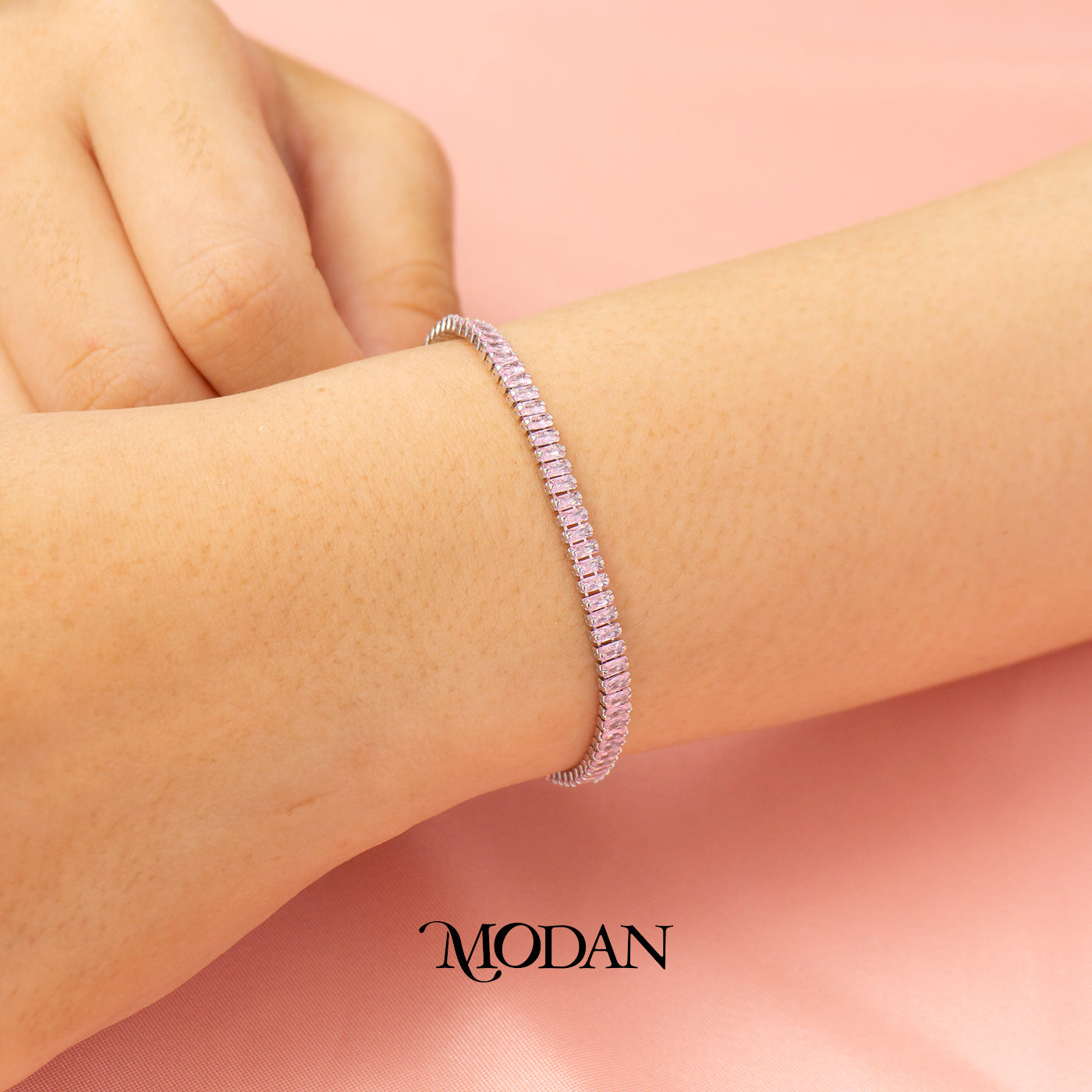 (4mm) Pink & Green Simple Ribbed Baguette Zirconia Tennis Adjustable Bracelet Gelang Serut Hypoallergenic Gold Filled