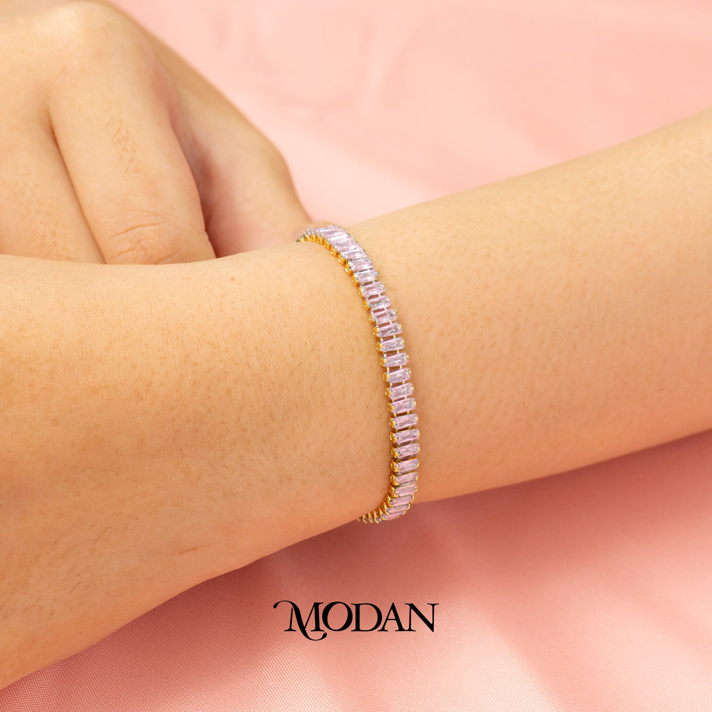 (5mm) Colorful Simple Ribbed Baguette Zirconia Tennis Adjustable Bracelet Gelang Serut Hypoallergenic Gold Filled
