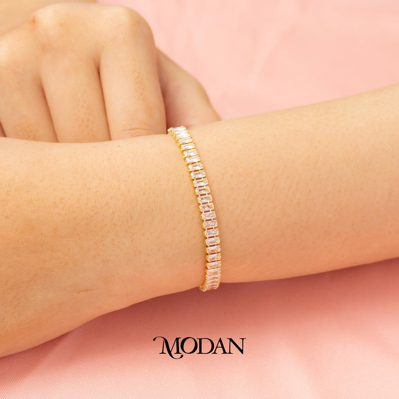 (5mm) Colorful Simple Ribbed Baguette Zirconia Tennis Adjustable Bracelet Gelang Serut Hypoallergenic Gold Filled