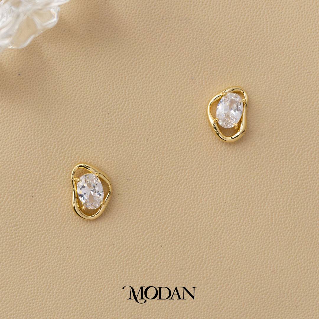 Colorful Irregular Shape Solitaire Moonstone and Cubic Zirconia Stud Earrings Anting Tusuk Batu Biduri Bulan Warna - Warni Hypoallergenic Gold Plated