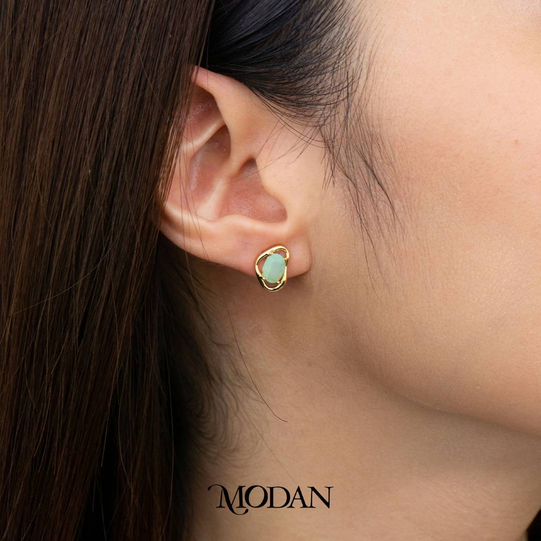 Colorful Irregular Shape Solitaire Moonstone and Cubic Zirconia Stud Earrings Anting Tusuk Batu Biduri Bulan Warna - Warni Hypoallergenic Gold Plated
